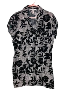 NWT Fred David Stretch Black White Floral Button Down Short Sleeve Blouse XL NEW - Picture 1 of 9
