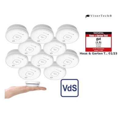 VisorTech 10er-Set fotoelektrische Rauchwarnmelder, 10-J.-Batterie, 85 dB, VdS - Bild 1 von 4