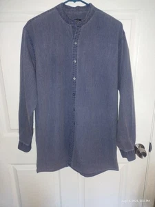 J. Peterman Button Shirt M Blue Long Sleeve Banded Collar Cotton Mens Mandarin  - Picture 1 of 3