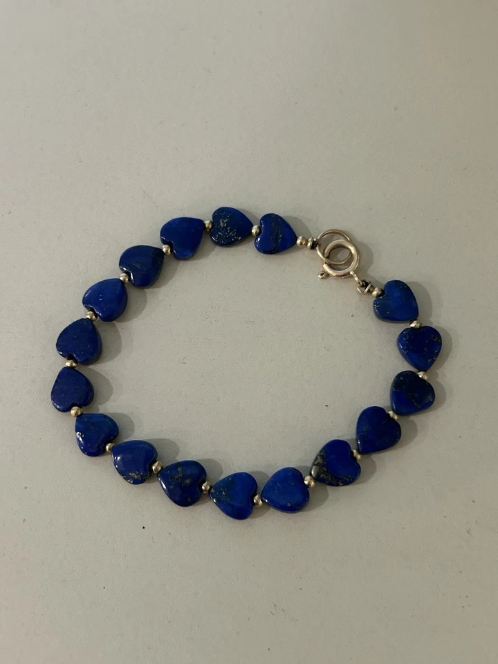 Винтажный браслет в форме сердца с лазуритом и золотым бисером 14 карат 7,5 дюйма ЧИТАЙТЕ - Изображение 1 из 4