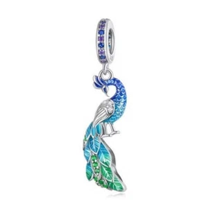 S925 Sterling Silver Colourful Peacock Bird CZ Charm Pendant by YOUnique Designs - Picture 1 of 3