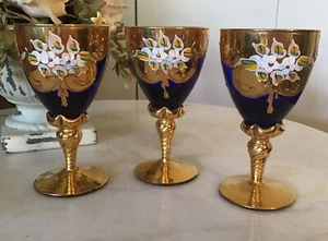 Czech Bohemian Slavia Cobalt and Gold Wine Glasses - Set of 3 - Picture 1 of 6