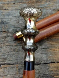 Head Handle Wooden Walking Stick Cane Vintage Handmade Antique Brass 3-Tayr Knob - Picture 1 of 7