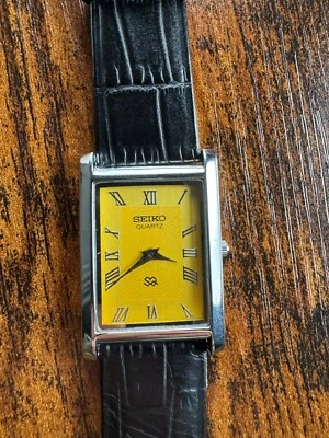 vintage Seiko Slim Tank Quartz Men Yellow Dial Black leather Dress Watch - Image 1 of 4
