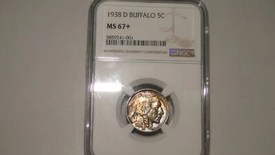 1938-D NGC MS67+ Buffalo Nickel - Superb Toned Gem BU!! RARE ORANGE/BLUE TONING - Image 1 of 4