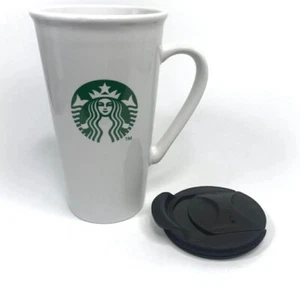 Starbucks Coffee Cup Mug Ceramic Tall 16 oz Green Mermaid Logo 2012 w/Black Lid - Picture 1 of 7