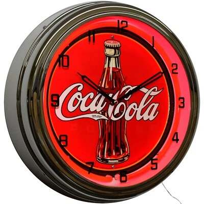 16" Coca Cola 30's Bottle & Logo Neon Clock Retro Vintage Style Home Decor (Red) - Image 1 of 4