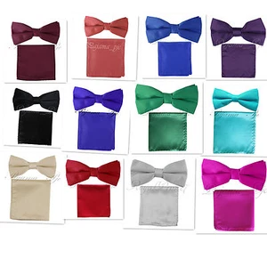 Solid Straight Cut Pre-tied Bow tie and Hanky Set Wedding Party Prom - Picture 1 of 13