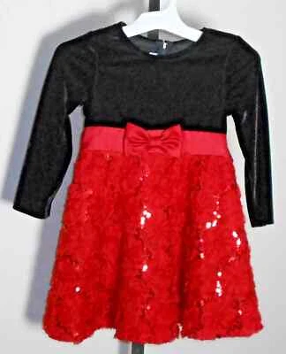 Vestido de Navidad Bonnie Jean para niña negro/rojo lentejuelas lazo navideño talla 4T Foto 1 de 2