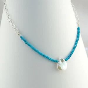 Neu Türkis & Weiß Süßwasser Wasser Perle Anhänger Tropfen Silber Kette Halskette - Bild 1 von 7