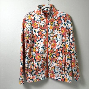 Lands End Fleece Full Zip Jacket Womens L 14 16 Orange Yellow Floral Pockets - Picture 1 of 15