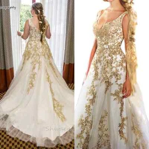 Princess Wedding Dress White and Gold A-line Long Lace Decal Bridal Dress - Picture 1 of 11