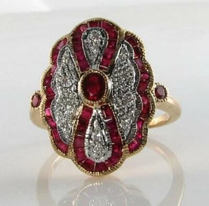 LONG 9K 9CT GOLD RUBY DIAMOND ART DECO INS STATEMENT COCKTAIL RING FREE RESIZE - Picture 1 of 5