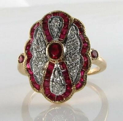 LONG 9K 9CT GOLD RUBY DIAMOND ART DECO INS STATEMENT COCKTAIL RING FREE RESIZE - Image 1 of 4