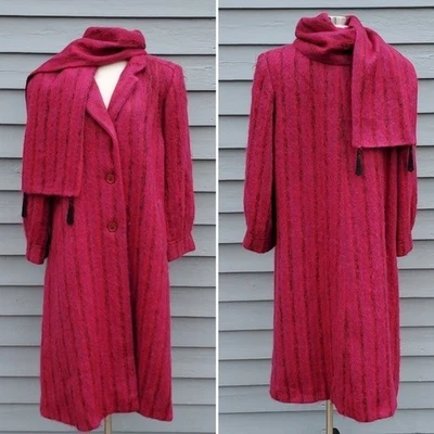 Vintage 80s Paul Levy Magenta Striped Mohair Wool Union Made Trench Coat 14 - Image 1 of 4
