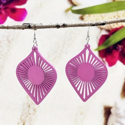 Ladies Pink Wooden Earrings Ethnic Boho Geometric Style Lightweight Jewellery - Image 1 of 4