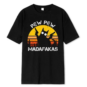 Pew Pew Madafakas Cat With Two Guns Printing Men T Shirts Summer Cotton T-Shirts - Picture 1 of 20