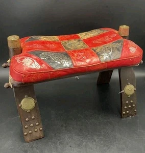 1950s Egyptian Ottoman Camel Saddle Stool with Red and Black Cushion - Picture 1 of 9