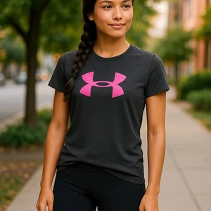 Under Armour Girls Top Size S Loose Gray Pink Big Logo HeatGear Short Sleeve - Picture 1 of 7