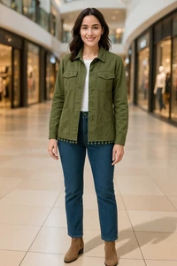 Talbots Utility Jacket SP Petite Green Button Up Pom Pom Hem Safari Military - Bild 1 von 5