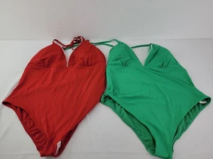 M&S 2Pcs Swimwear Bundle Size 24 Green & Red Contrast Stitch Halter Neck NEW F2 - Picture 1 of 10