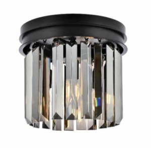 Matte Black Flush Mount 3 Light Fixture 12" Silver Shade Crystal Chandelier - Picture 1 of 9
