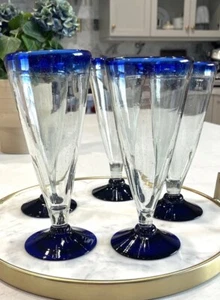 Mexican Handblown Glass Beer Pilsners Cobalt Blue Banded Rim & Base ~ Set Of 5 - Picture 1 of 14