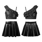 UK Girls Sequin Ruffles Crop Top with Glossy Metallic Flared Skirt Dance Outfits