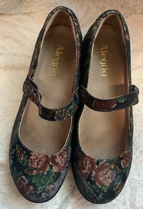 Alegria PG Lite Black Floral Leather Wedge Mary Janes Shoes FLA-315 Size 9.5 - Picture 1 of 10