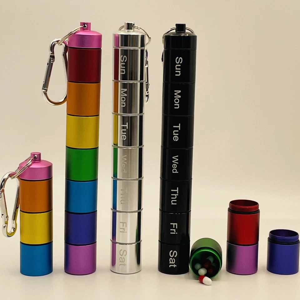 7 days Pill Box Metal Medicine Bottle Drug Holder Pill Container Case Keychain - Image 1 of 4