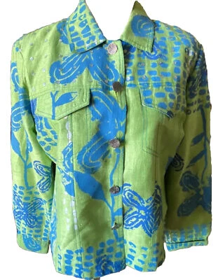 🦄🧥💚Sandy Starkman Iridescent Sequin Silk Button Down Jacket Green Blue Sz L - Image 1 of 4