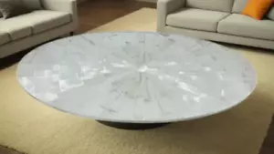 Sofá central de piedra selenita ovalada de 91,4 cm x 61 cm mesa de comedor Sunburst mosaico arte - Imagen 1 de 7