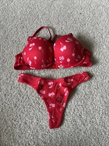 PINK Victoria’s Secret Red Cherries Wear Everywhere Super Push Up Bra 36B Set - Picture 1 of 12