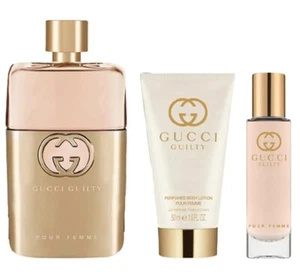 GUCCI GUILTY Women 3 Pic GIFT SET. EDP 3OZ + EDP 10ml + Body Lotion damaged Box - Picture 1 of 2