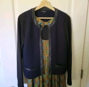 Nanette Lepore Blue Wool Knit Leather Trim Full Zip Sweater Jacket Size Medium - Picture 1 of 1