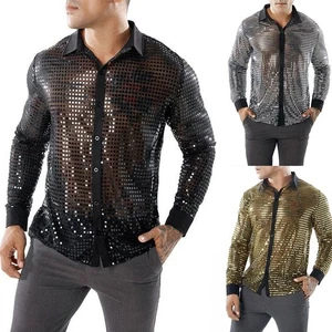 Retro 70s Disco Nightclub Sequin Shirt For Men Sparkly Party Dance Tops - Picture 1 of 57