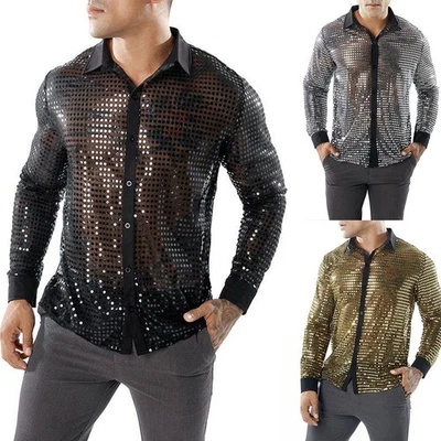 Retro 70s Disco Nightclub Sequin Shirt For Men Sparkly Party Dance Tops - Image 1 of 4