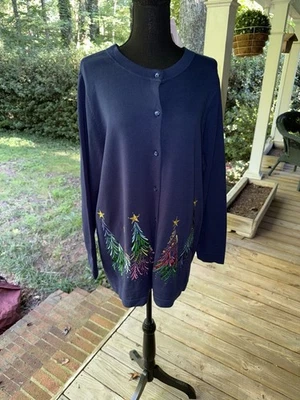 Quacker Factory Embroidery Sequin & Stud Tree Button Front Cardigan 1X Plus Size - Image 1 of 4