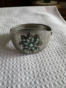 Native American Inspired Faux Turquoise Silvertone Embossed Bangle Bracelet - Picture 1 of 6