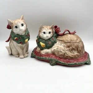 VTG Fitz and Floyd Christmas Holiday Matching Cats Cookie Jar & 10in Figurine - Picture 1 of 14