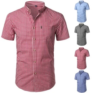Men's Short Sleeve Plaid Striped Checked Cotton Summer Office Work Shirt - Picture 1 of 12