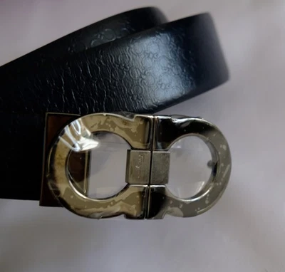 NUEVO FERRAGAMO Gunmetal Hebilla Doble Gancio Reversible Azul Marino Nero Cinturón 95 Foto 1 de 4