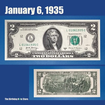 January 6, 1935 Birthday Anniversary $2 Two Dollar Bill Serial Number 01061935 - Image 1 of 2