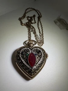 VINTAGE ORNATE JEWELED QUARTZ WATCH PENDANT & 33” NECKLACE - Picture 1 of 5