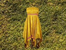 Women's Luxe Halter Dress, Yellow Bohemian Recycled Silk Summer Travel DresseS/M