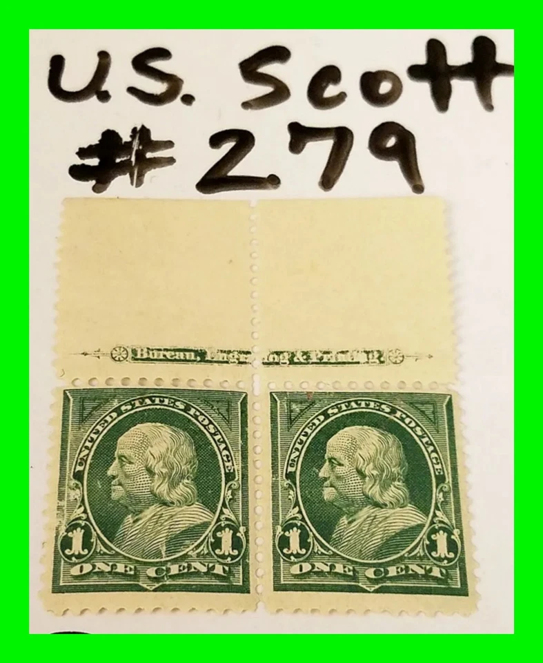 Scott #279Wide Sheet Margin Imprint Pair With Full BEP 1 Cent - US Stamps - Image 1 of 4