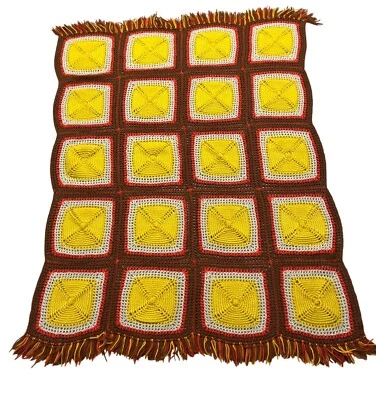 Manta Cuadrada Grannie Hecha a Mano Crochet Amarillo Marrón Flecos Años 70 Boho Foto 1 de 4