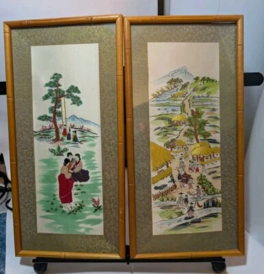 Lote 2 Colgantes Arte Enmarcados en Seda Enmarcados y Bordados Chinos De Colección 17" X 8"  Foto 1 de 4