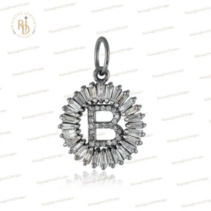 925 Sterling Silver Natural Baguette Diamond B Initial Letter Charm Gift Pendant - Picture 1 of 4
