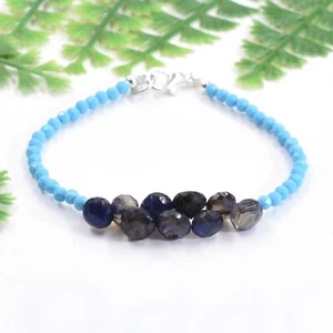 925 Sterling Silver Iolite+sleeping Beauty Turquoise Gemstone Onion Bracelet 7" - Picture 1 of 8